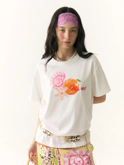 Hand Drawn Starfish Fruit Print T-shirt