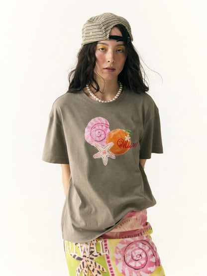 Hand Drawn Starfish Fruit Print T-shirt