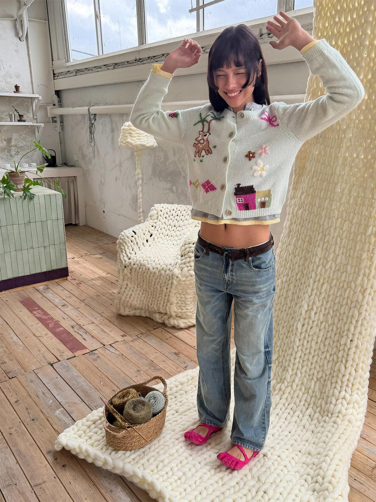 wii wil Hand Embroidered Vintage Jacquard Knit Wool Alpaca Women&