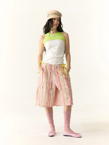 Hand Painted Striped Cargo Shorts With Summer Print