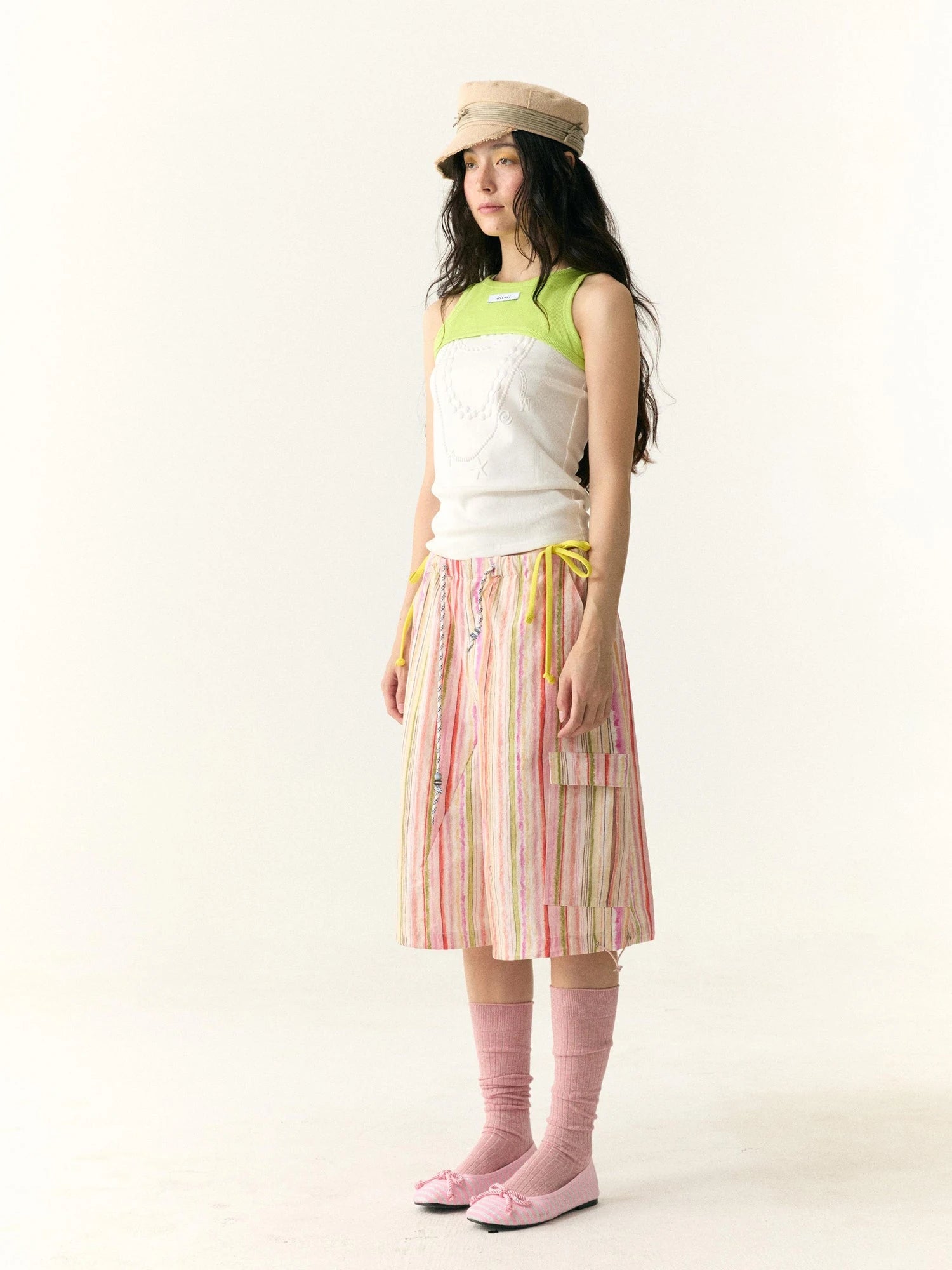 Hand Painted Striped Cargo Shorts With Summer Print