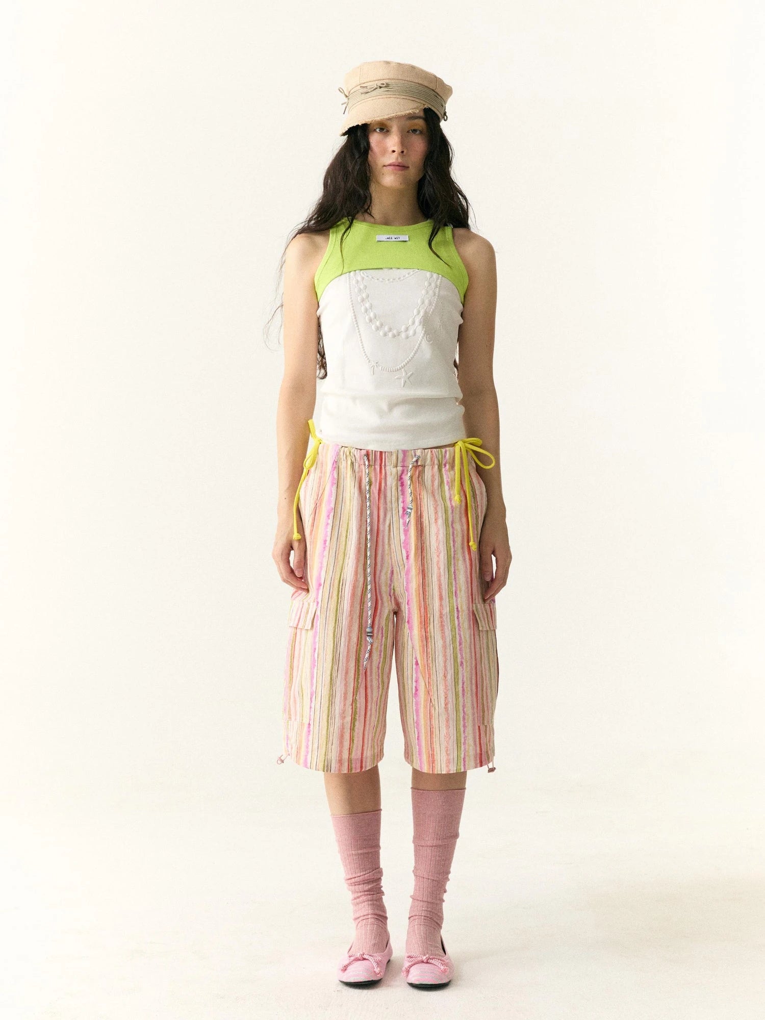 Hand Painted Striped Cargo Shorts With Summer Print