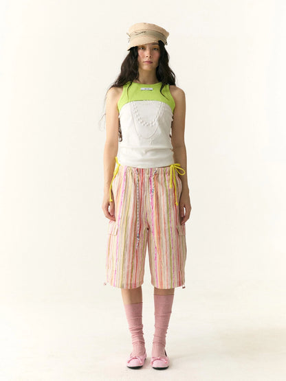 Hand Painted Striped Cargo Shorts With Summer Print