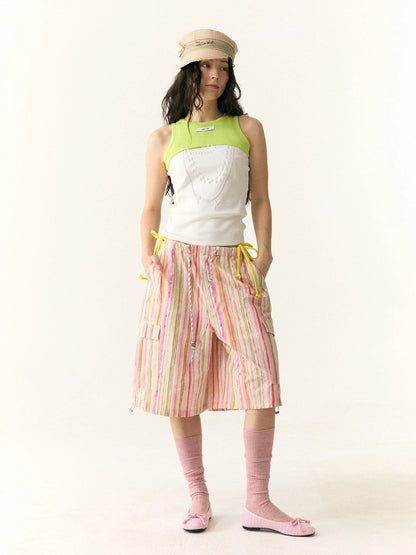 Hand Painted Striped Cargo Shorts With Summer Print