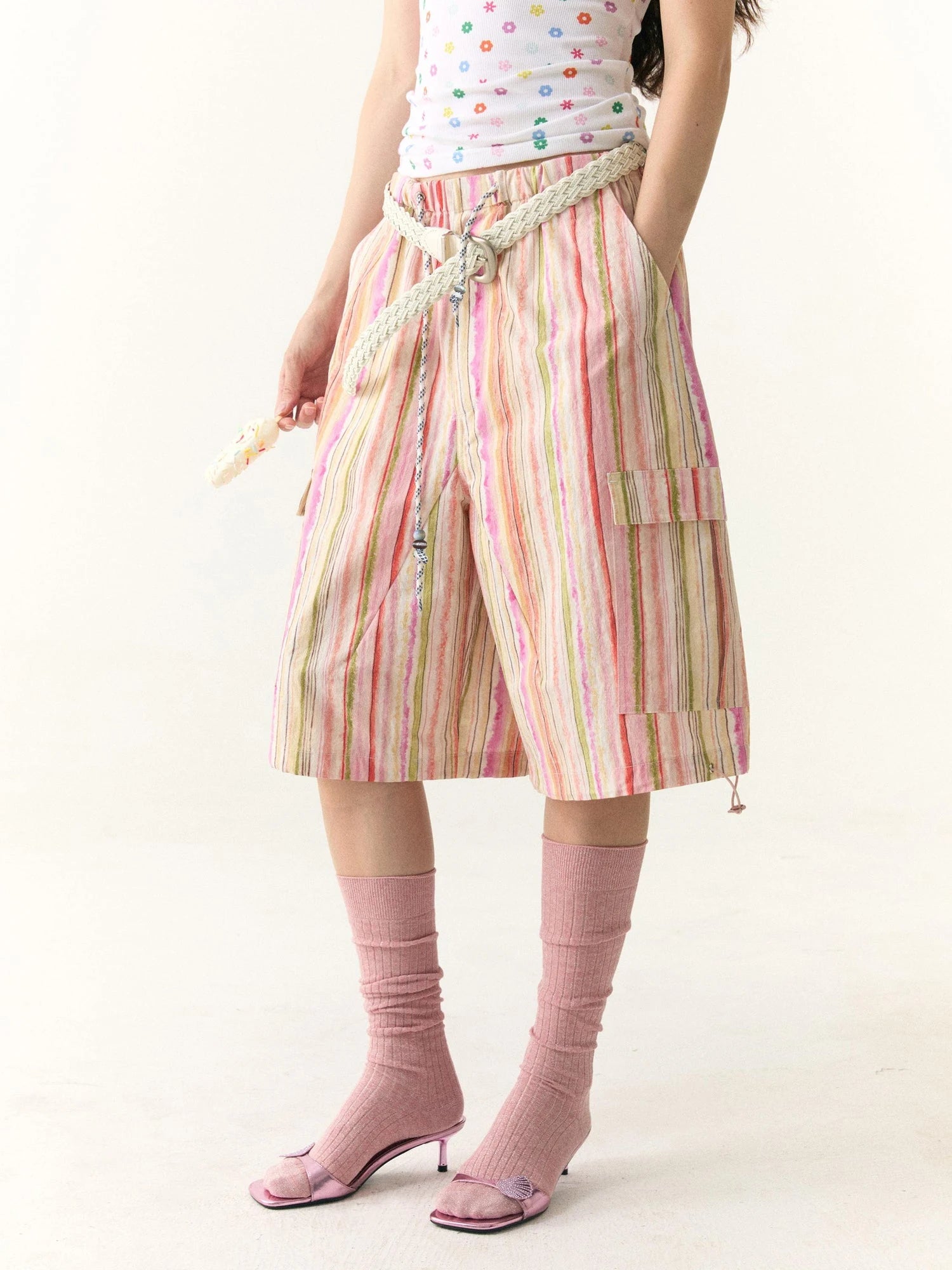 Hand Painted Striped Cargo Shorts With Summer Print