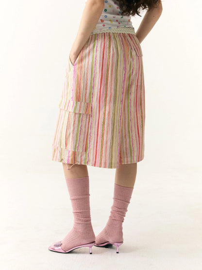 Hand Painted Striped Cargo Shorts With Summer Print