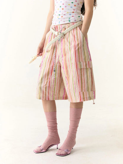 Hand Painted Striped Cargo Shorts With Summer Print