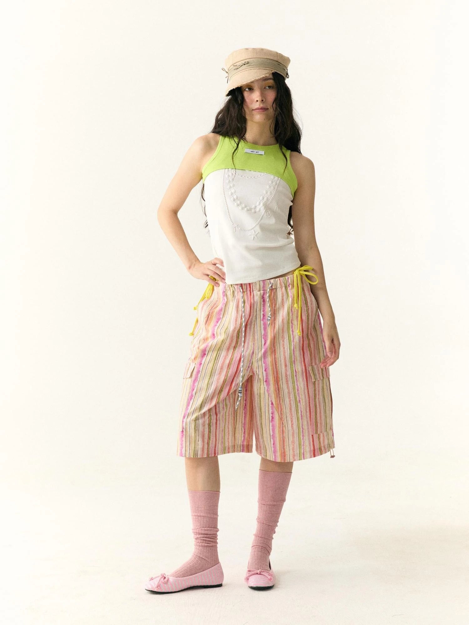 Hand Painted Striped Cargo Shorts With Summer Print