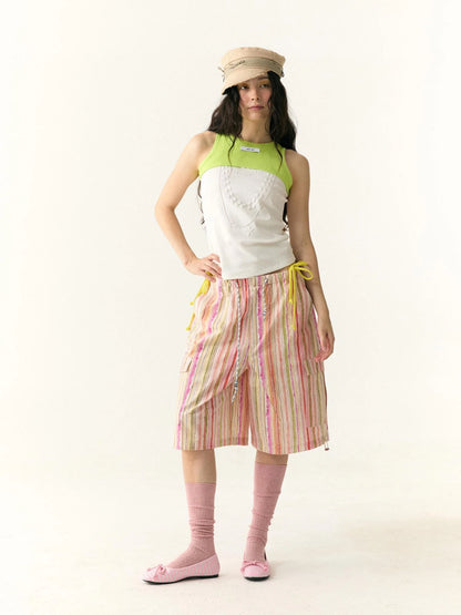 Hand Painted Striped Cargo Shorts With Summer Print