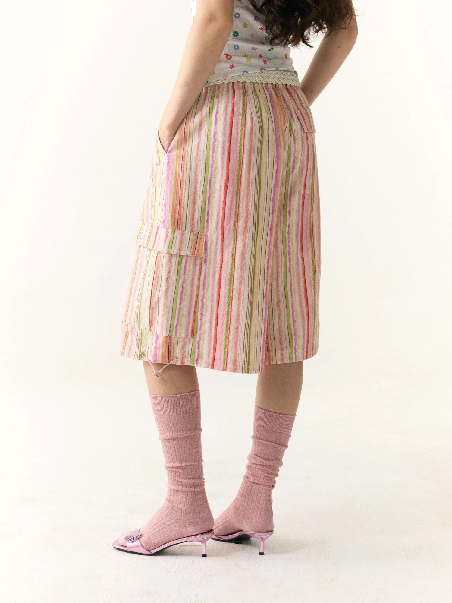 Hand Painted Striped Cargo Shorts With Summer Print