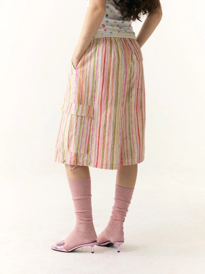 Hand Painted Striped Cargo Shorts With Summer Print