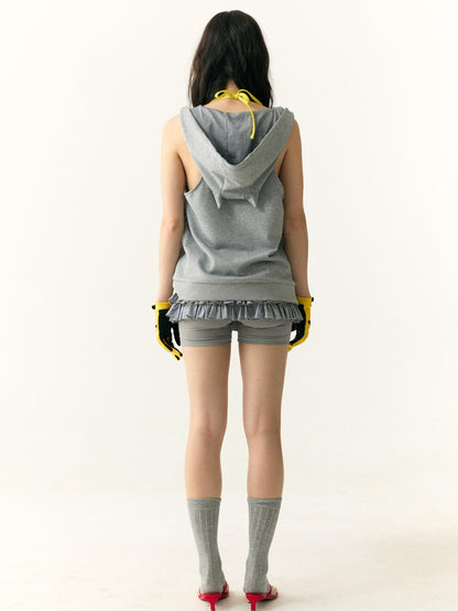 wii wil Hooded V-Neck Demon Horn Crop Vest Sweatshirt