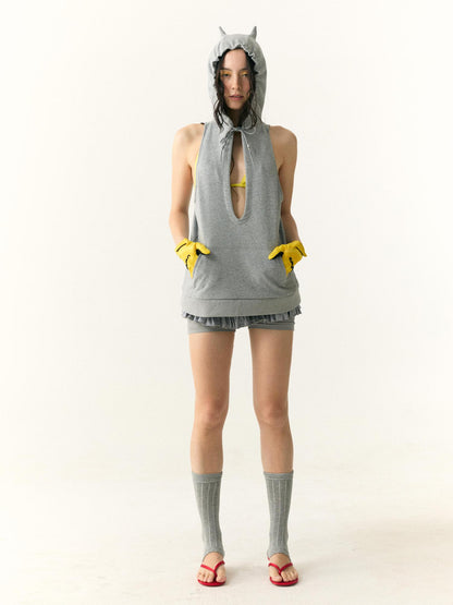 wii wil Hooded V-Neck Demon Horn Crop Vest Sweatshirt