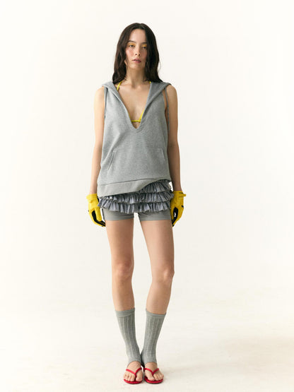 wii wil Hooded V-Neck Demon Horn Crop Vest Sweatshirt