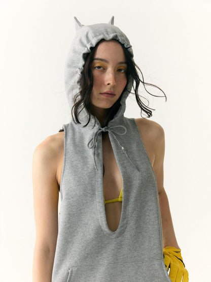 wii wil Hooded V-Neck Demon Horn Crop Vest Sweatshirt