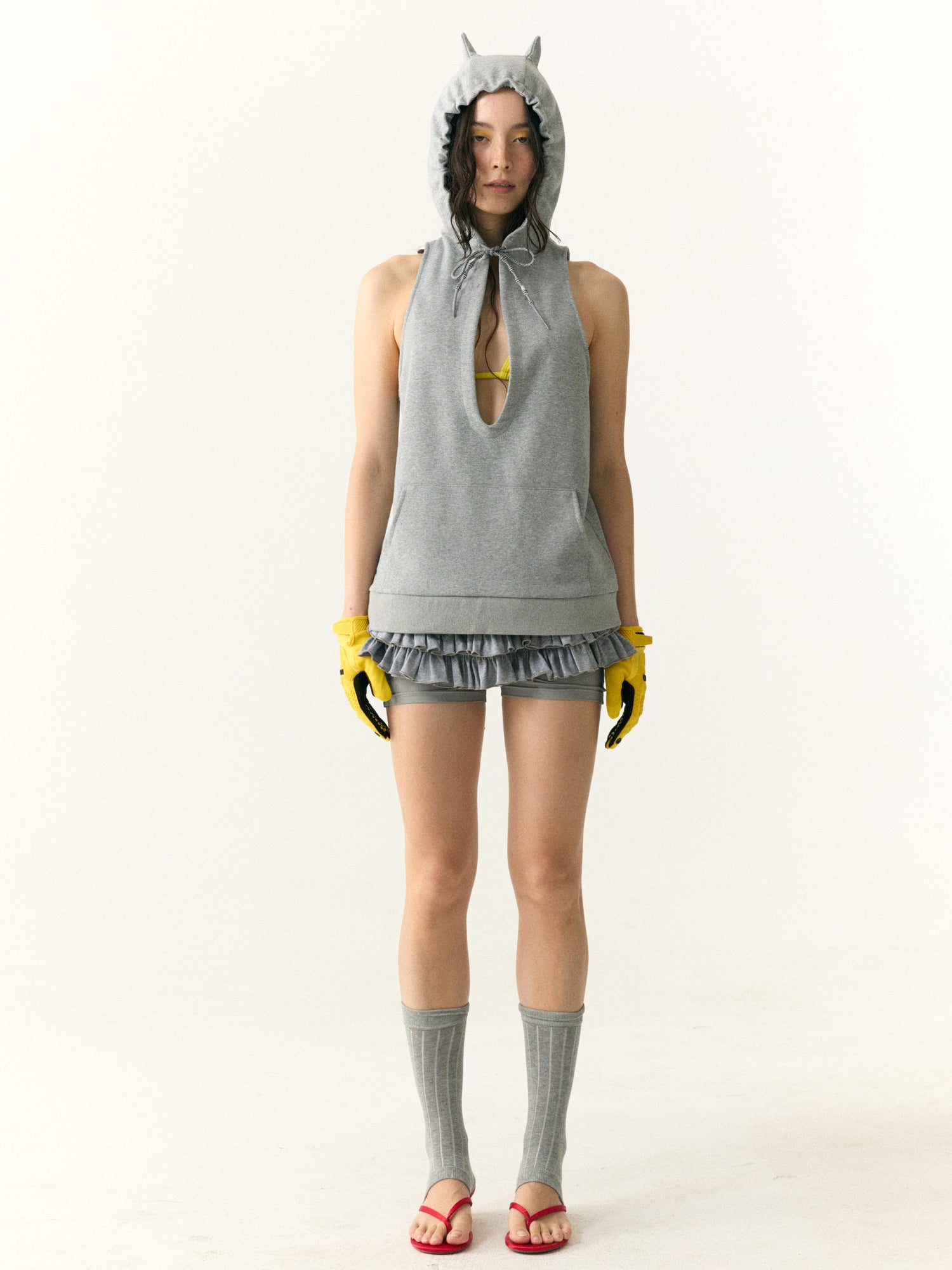 wii wil Hooded V-Neck Demon Horn Crop Vest Sweatshirt