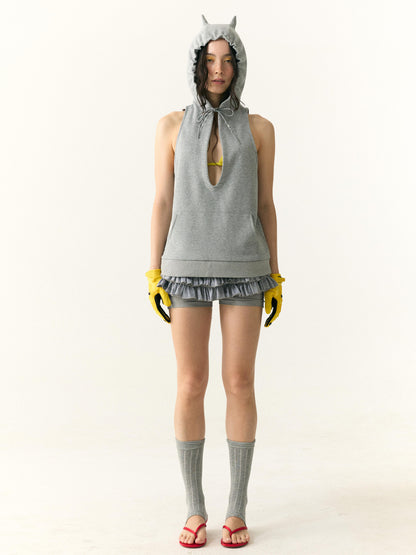 wii wil Hooded V-Neck Demon Horn Crop Vest Sweatshirt