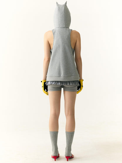 wii wil Hooded V-Neck Demon Horn Crop Vest Sweatshirt