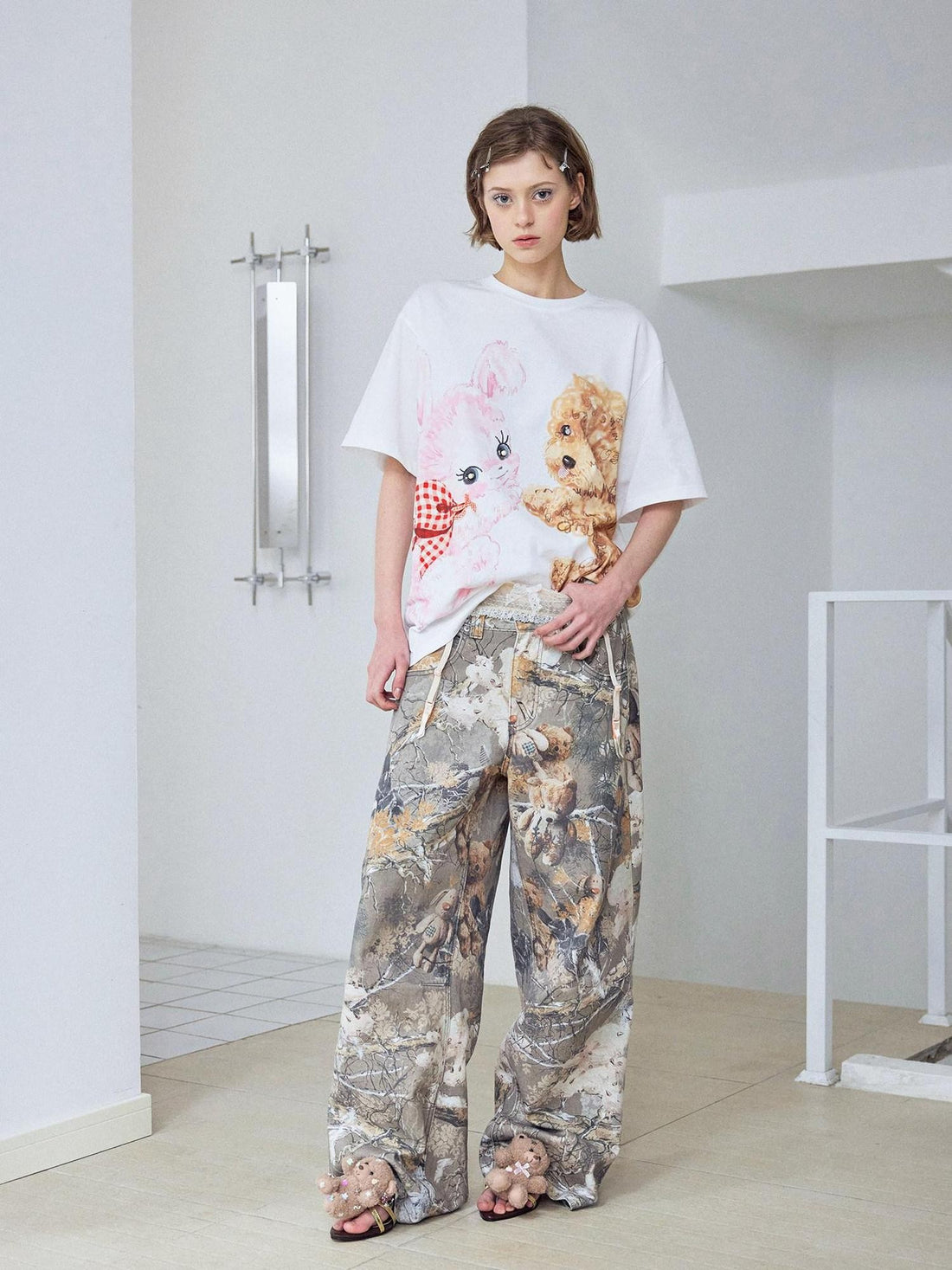 wii wil Hugging Puppy Print Crewneck Loose Fit Women&