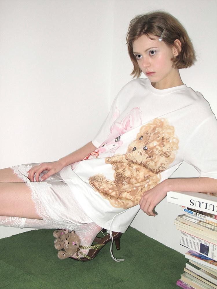 wii wil Hugging Puppy Print Crewneck Loose Fit Women&