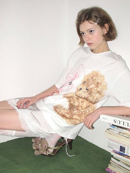 wii wil Hugging Puppy Print Crewneck Loose Fit Women&