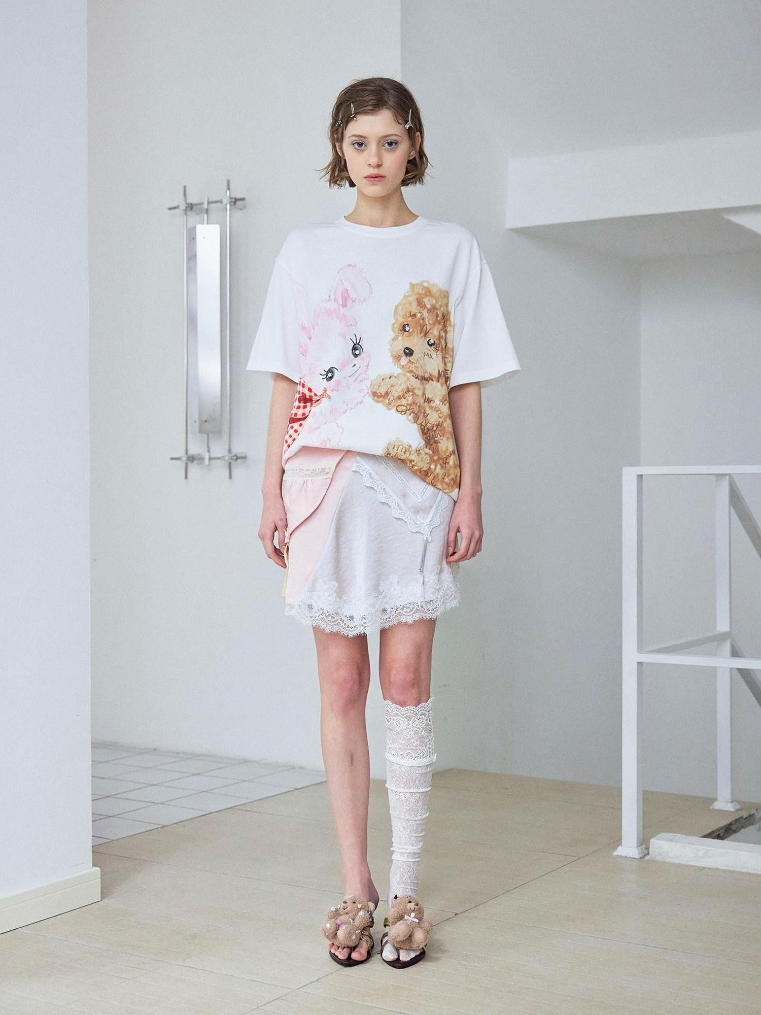 wii wil Hugging Puppy Print Crewneck Loose Fit Women&