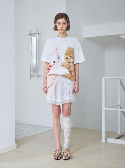 wii wil Hugging Puppy Print Crewneck Loose Fit Women&