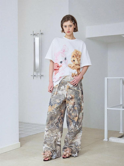 wii wil Hugging Puppy Print Crewneck Loose Fit Women&