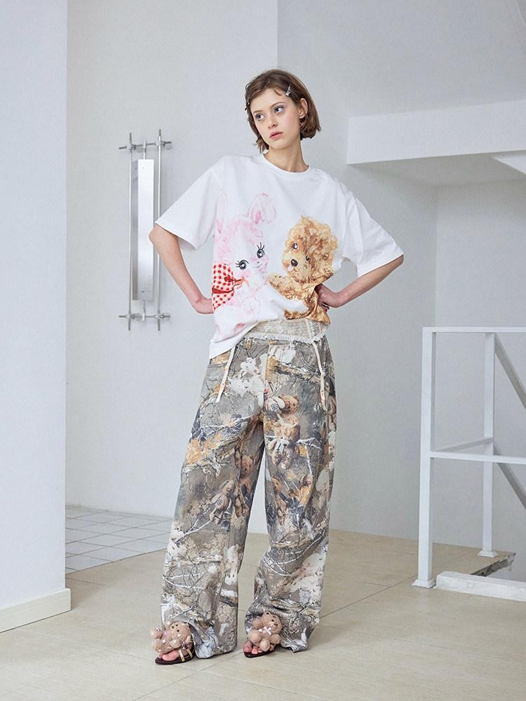 wii wil Hugging Puppy Print Crewneck Loose Fit Women&
