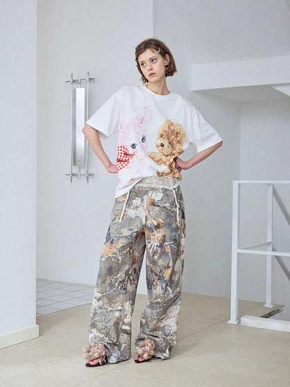 wii wil Hugging Puppy Print Crewneck Loose Fit Women&