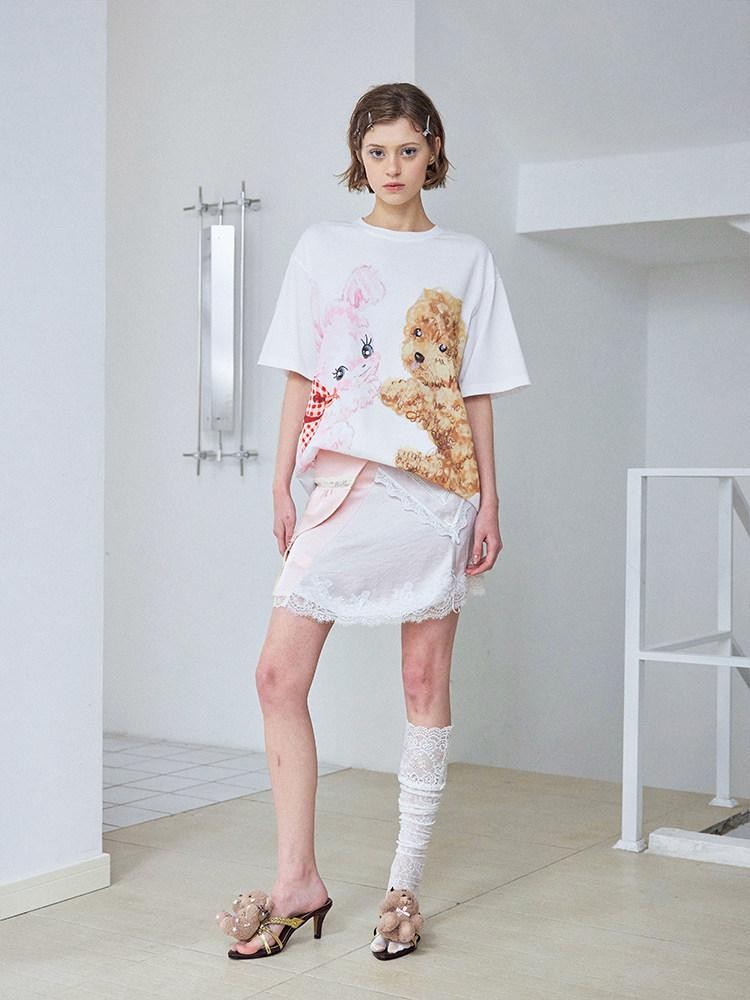 wii wil Hugging Puppy Print Crewneck Loose Fit Women&