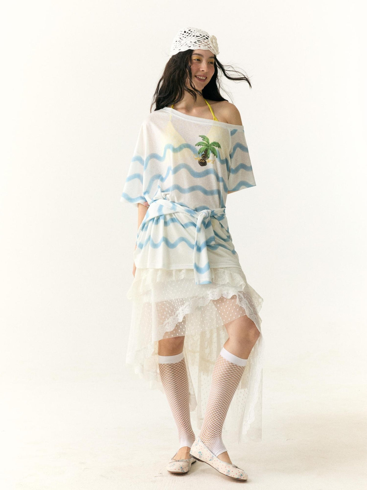 wii wil Lace Polka Dot Asymmetric Tiered Patchwork Women&