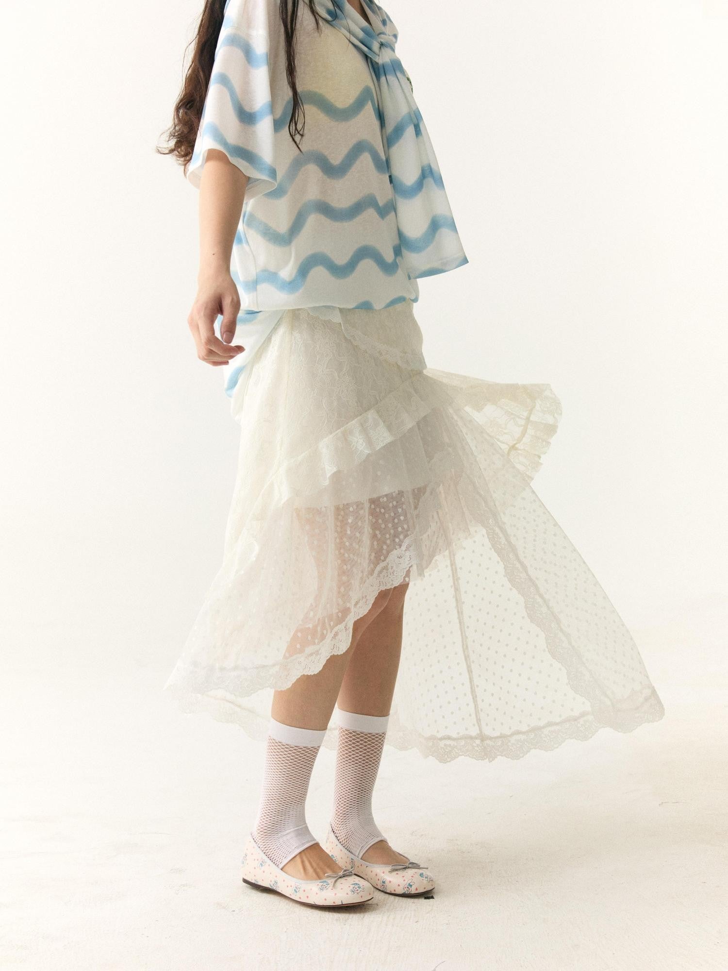 wii wil Lace Polka Dot Asymmetric Tiered Patchwork Women&