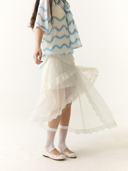 wii wil Lace Polka Dot Asymmetric Tiered Patchwork Women&