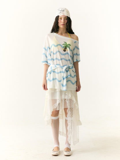 wii wil Lace Polka Dot Asymmetric Tiered Patchwork Women&