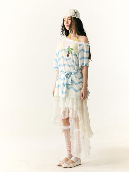 wii wil Lace Polka Dot Asymmetric Tiered Patchwork Women&