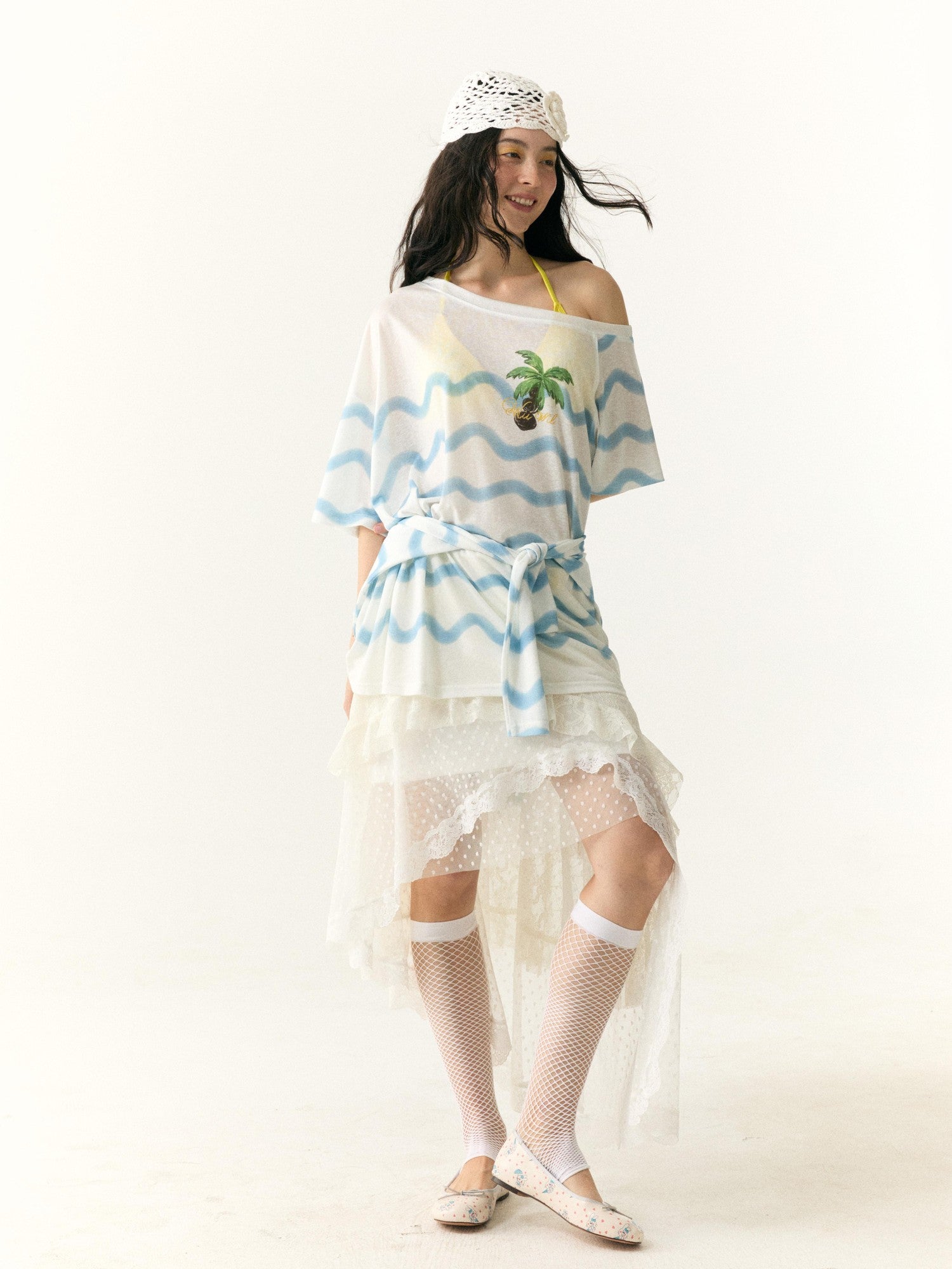 wii wil Lace Polka Dot Asymmetric Tiered Patchwork Women&