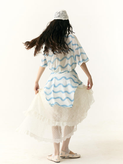 wii wil Lace Polka Dot Asymmetric Tiered Patchwork Women&
