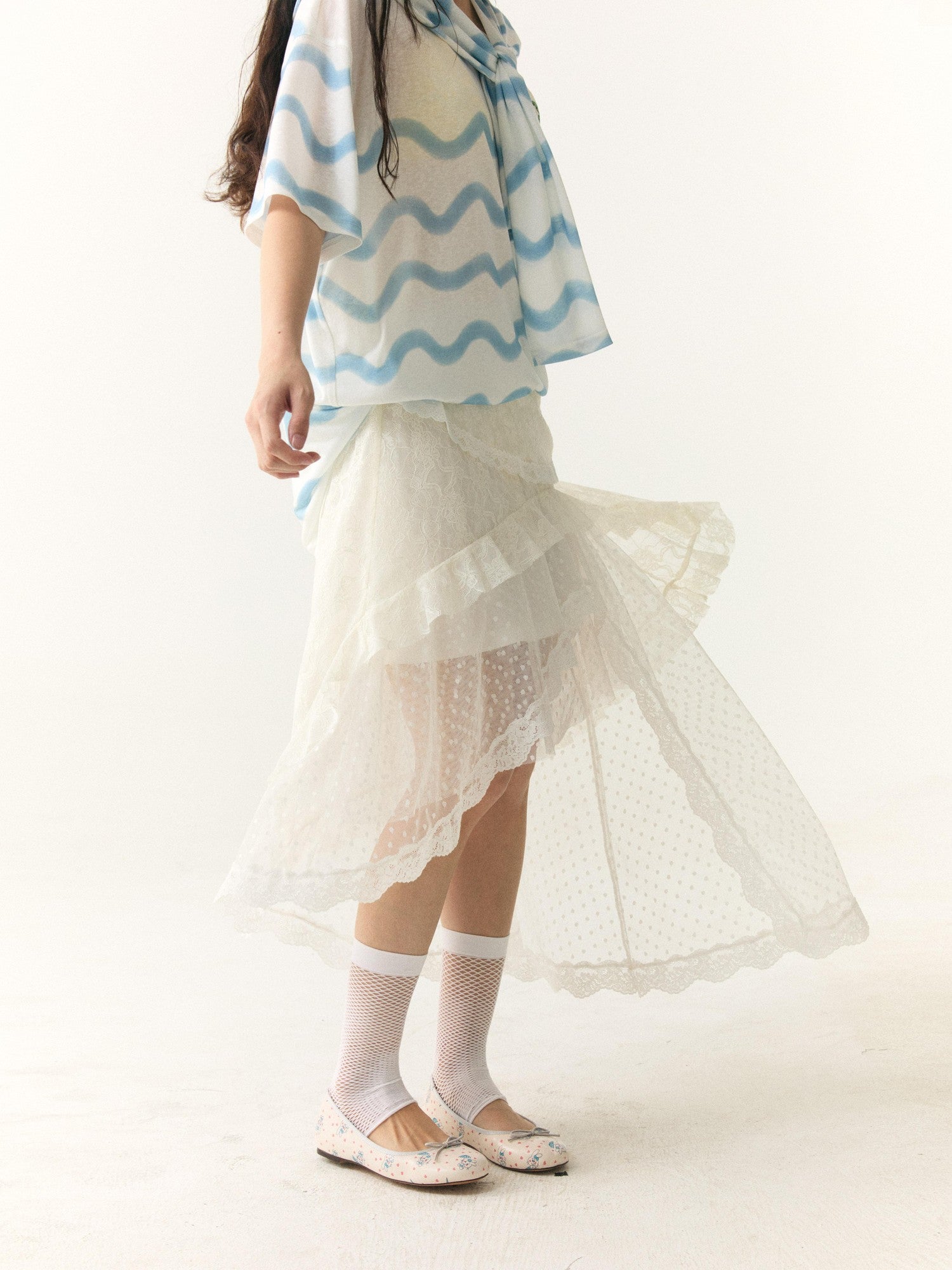 wii wil Lace Polka Dot Asymmetric Tiered Patchwork Women&