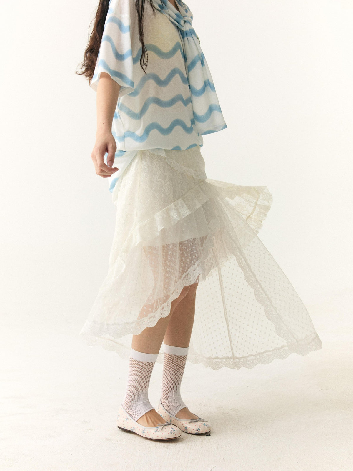 wii wil Lace Polka Dot Asymmetric Tiered Patchwork Women&