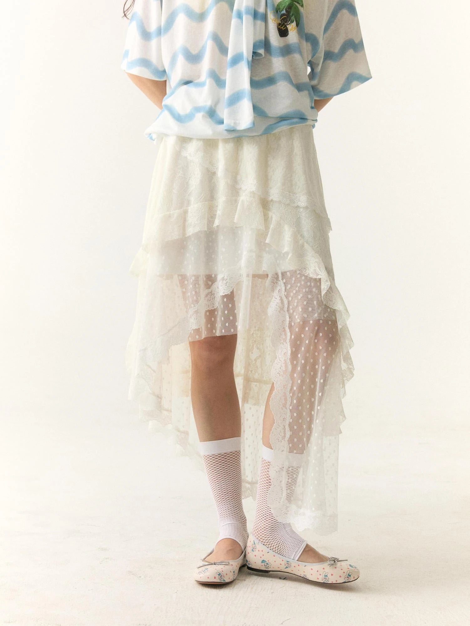 Layered Lace Dot Asymmetrical Midi Skirt