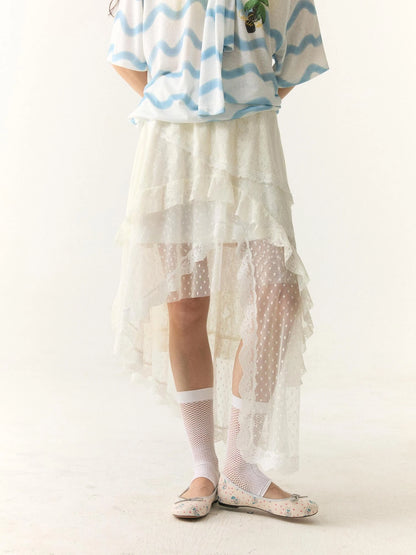 Layered Lace Dot Asymmetrical Midi Skirt