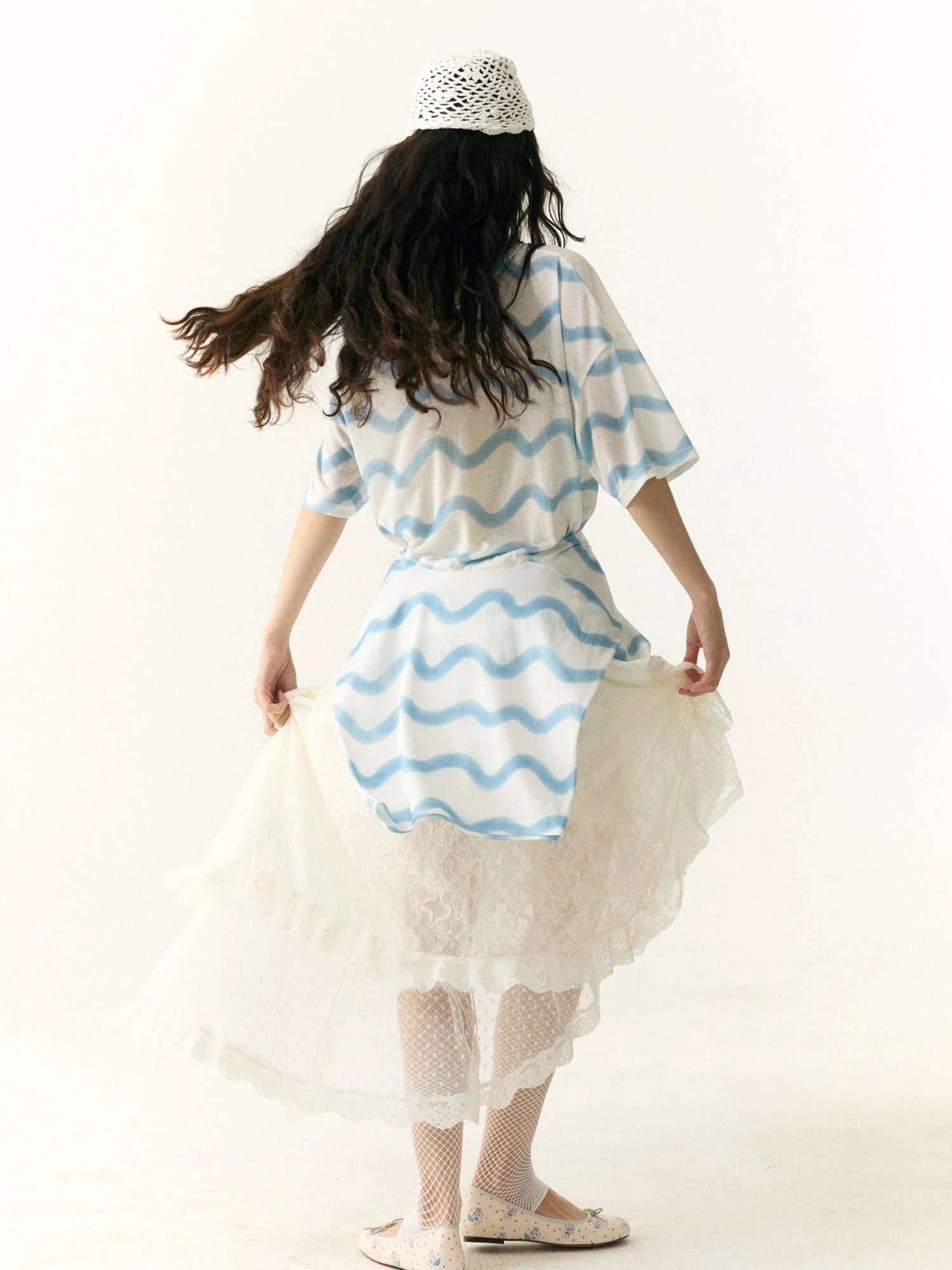 Layered Lace Dot Asymmetrical Midi Skirt