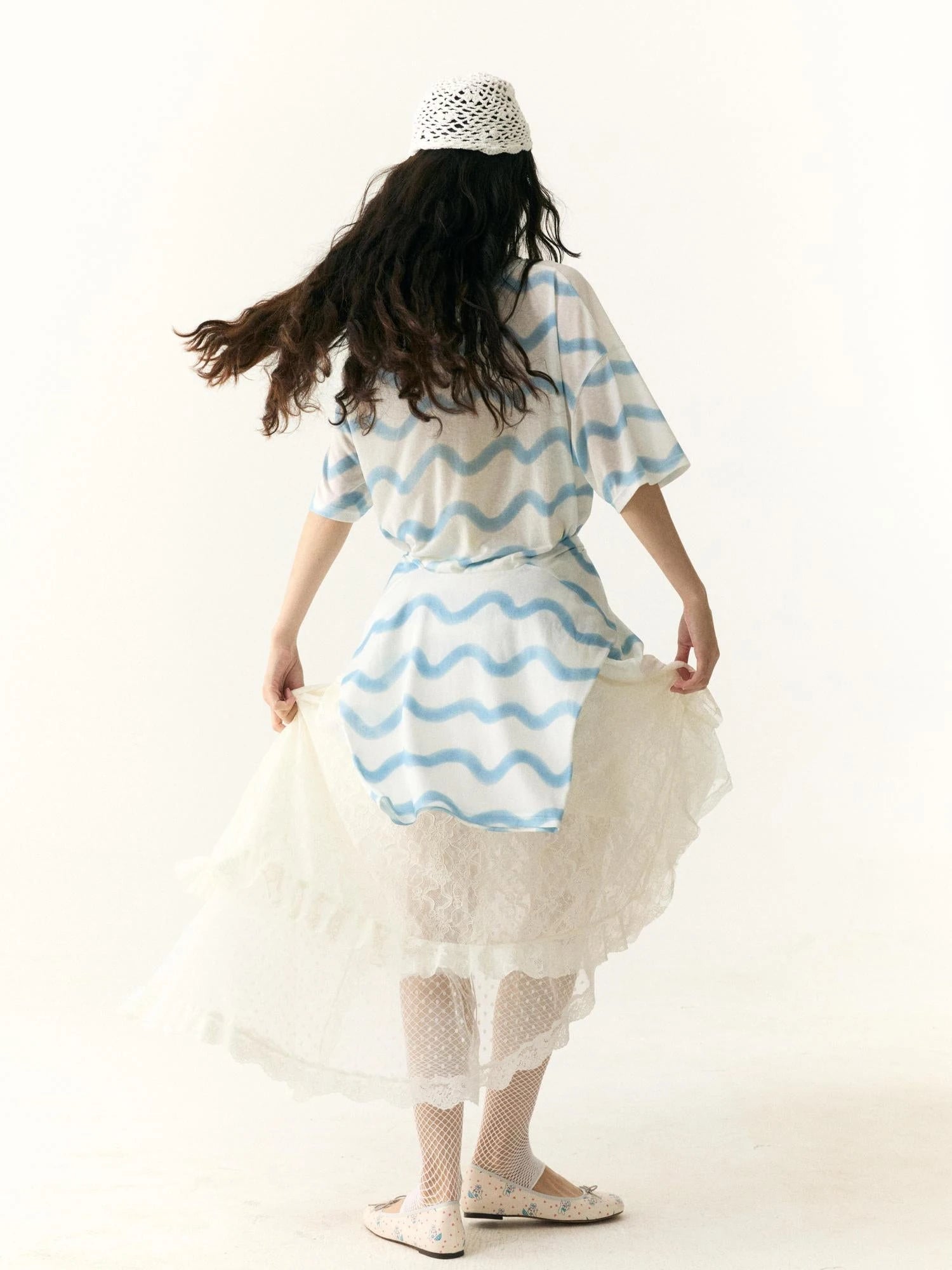 Layered Lace Dot Asymmetrical Midi Skirt