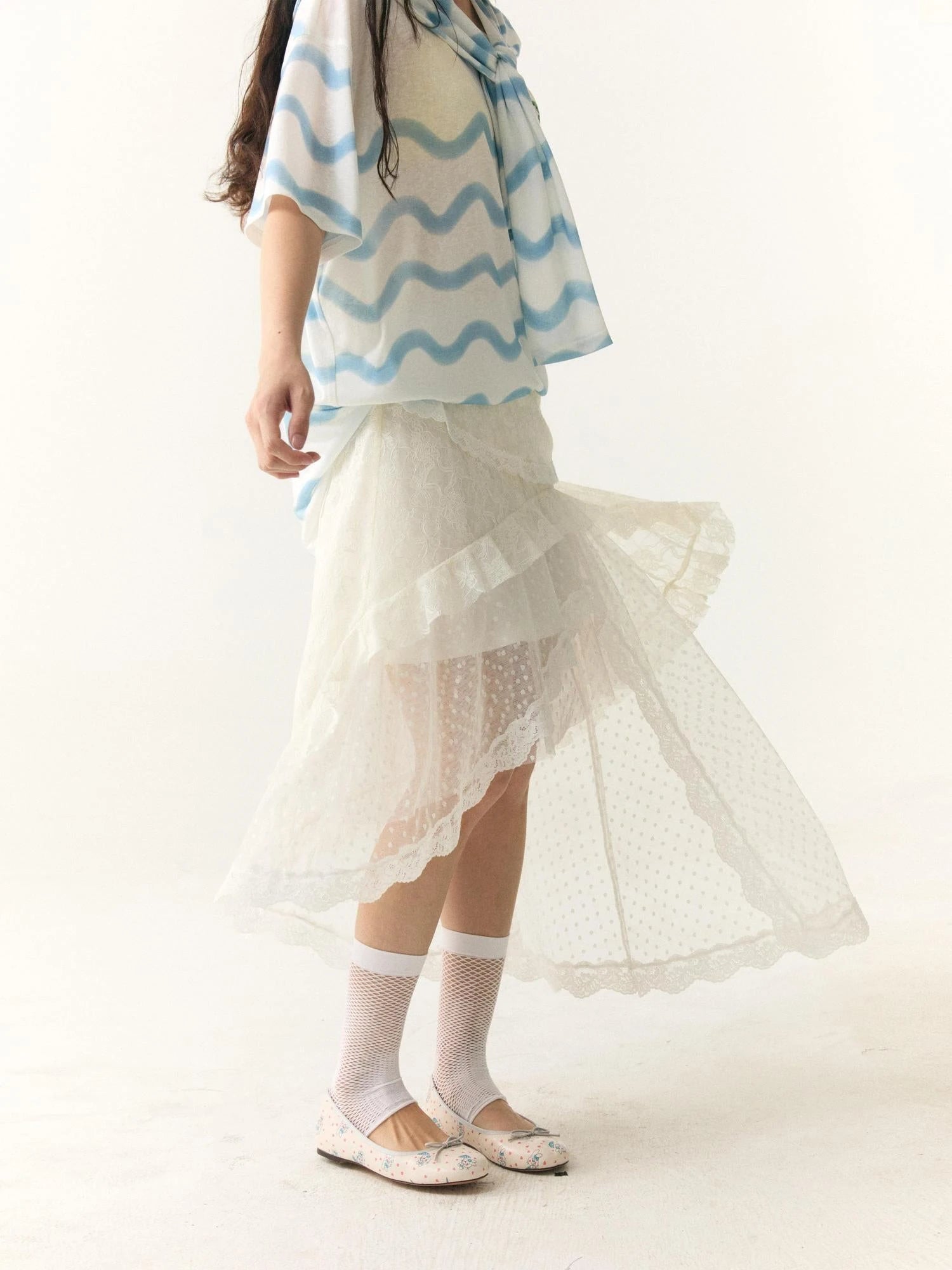 Layered Lace Dot Asymmetrical Midi Skirt