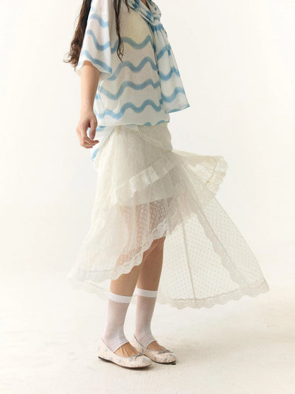 Layered Lace Dot Asymmetrical Midi Skirt
