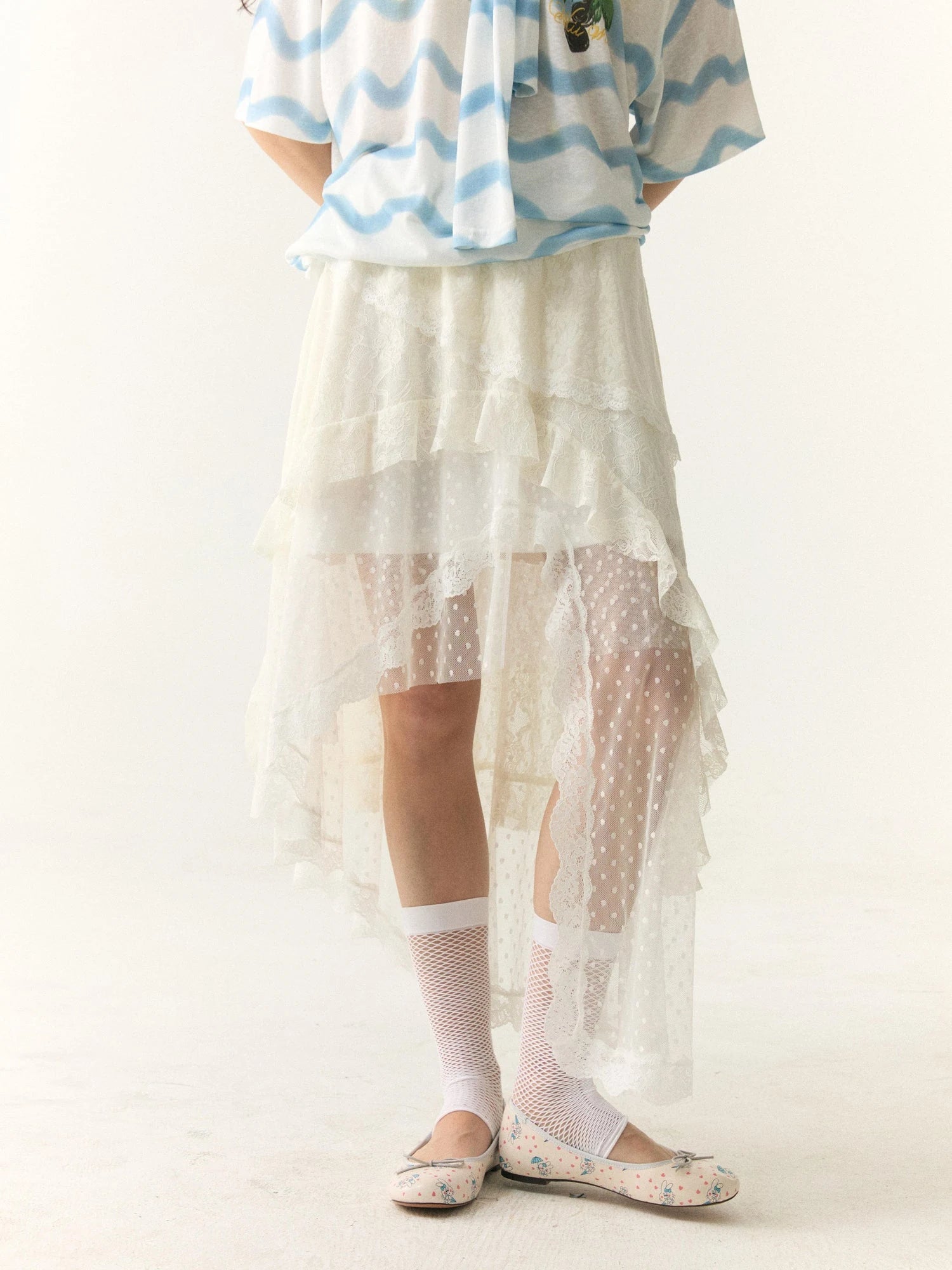 Layered Lace Dot Asymmetrical Midi Skirt