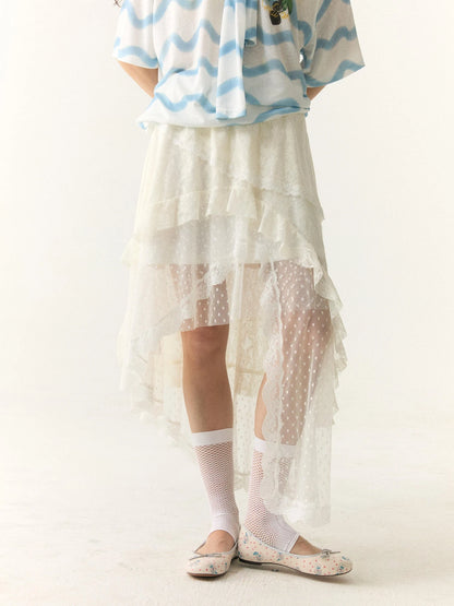 Layered Lace Dot Asymmetrical Midi Skirt