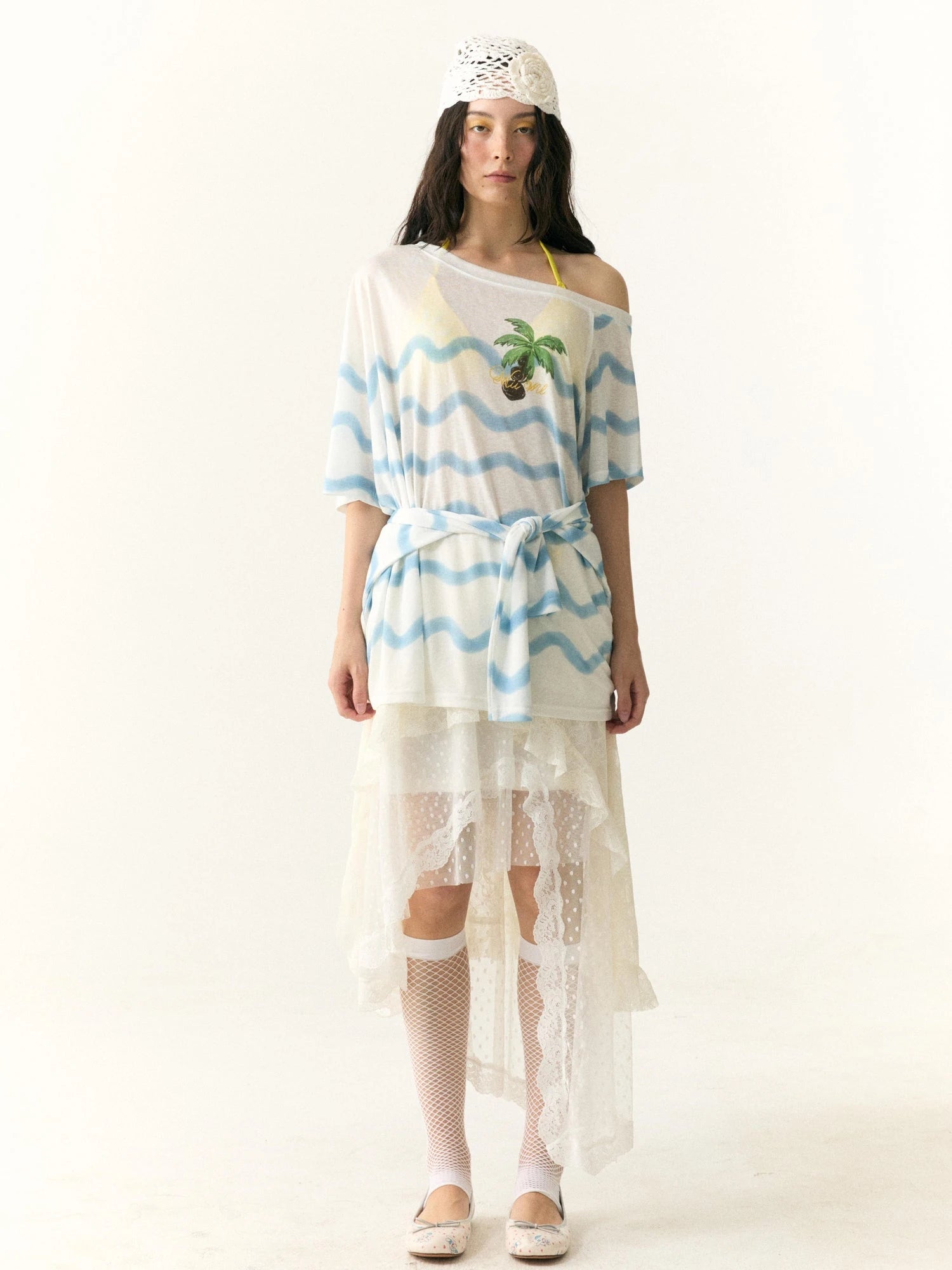 Layered Lace Dot Asymmetrical Midi Skirt