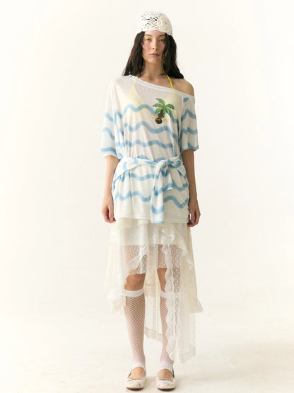 Layered Lace Dot Asymmetrical Midi Skirt